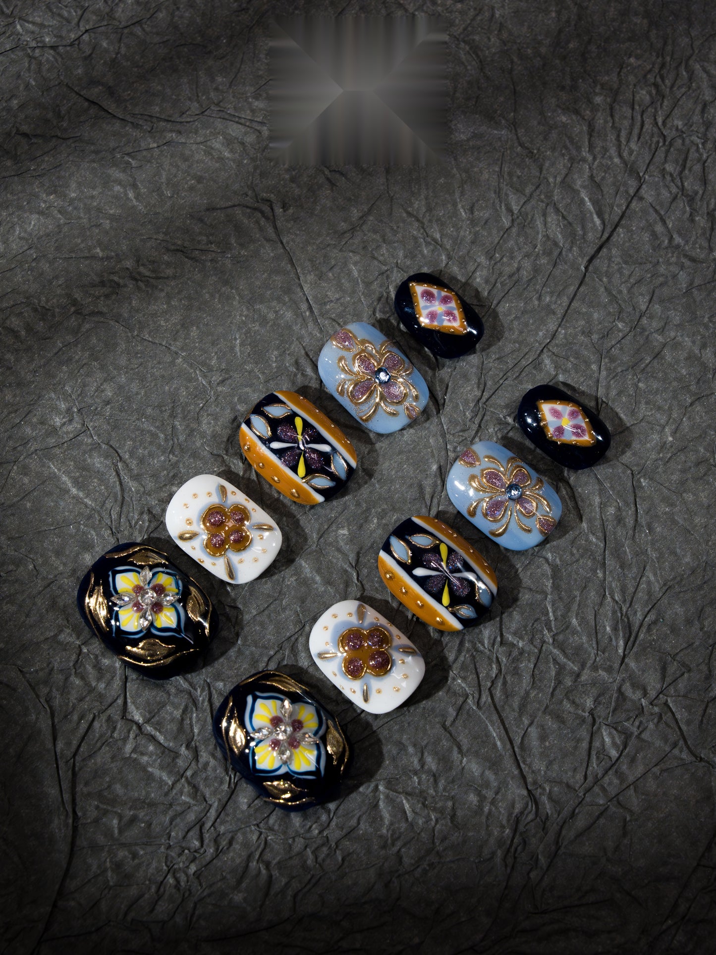 Prussian Mosaic — Hand-Painted Press-On Nails