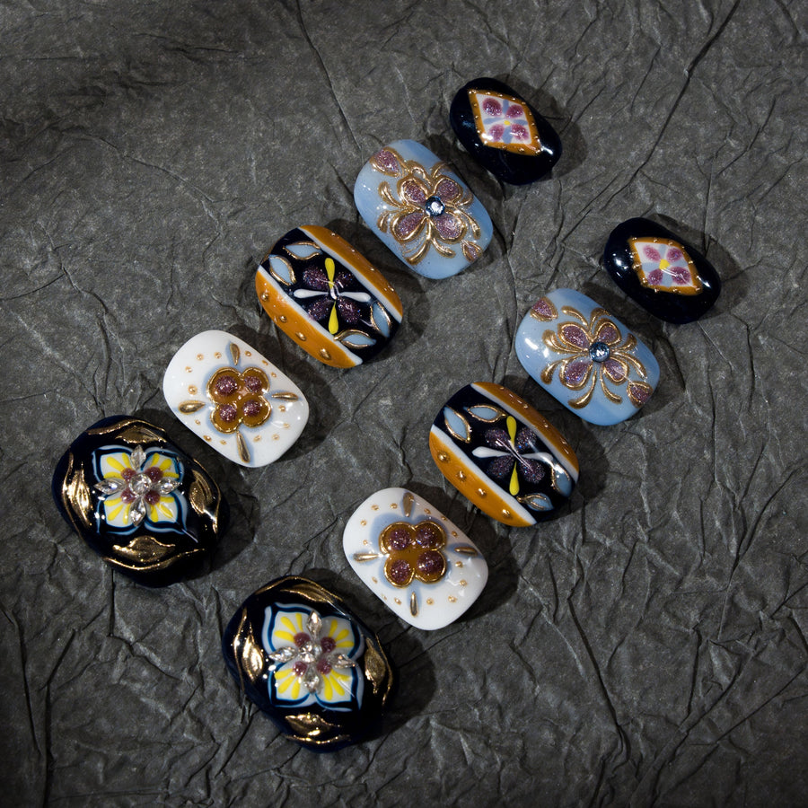 Prussian Mosaic — Reusable Short Press-On Nails