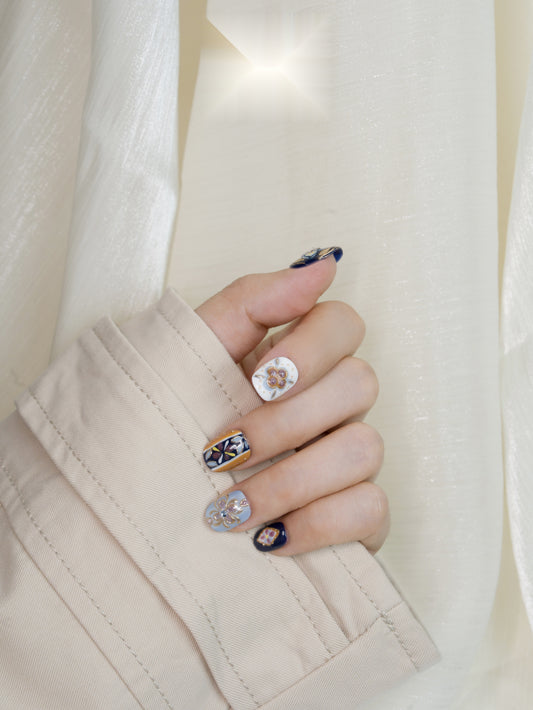 Prussian Mosaic — Hand-Painted Press-On Nails