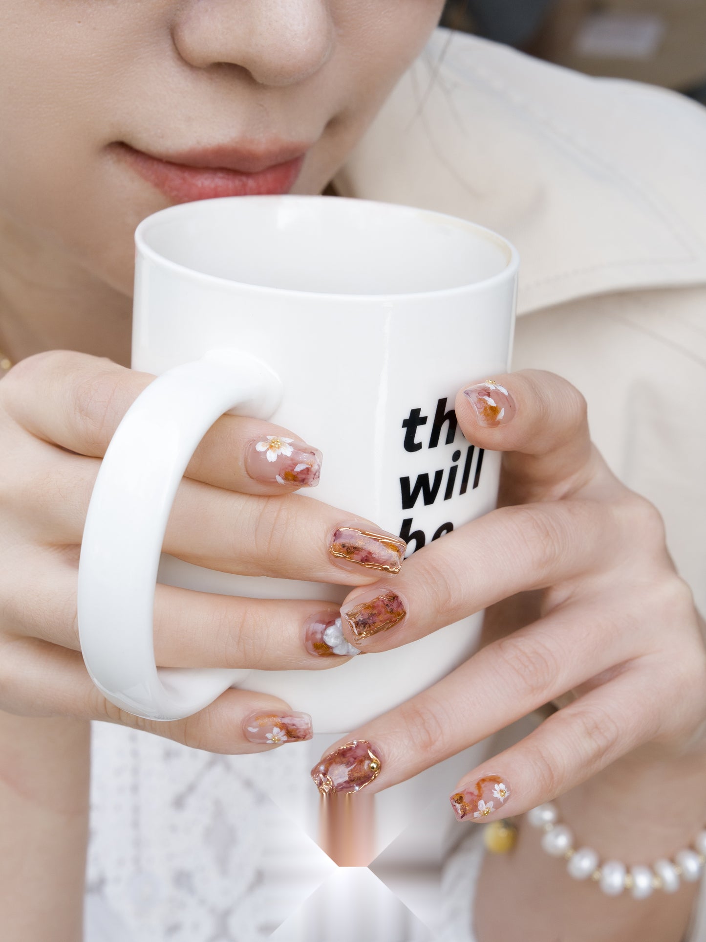 Caramel Camellia — Hand-Painted Press-On Nails