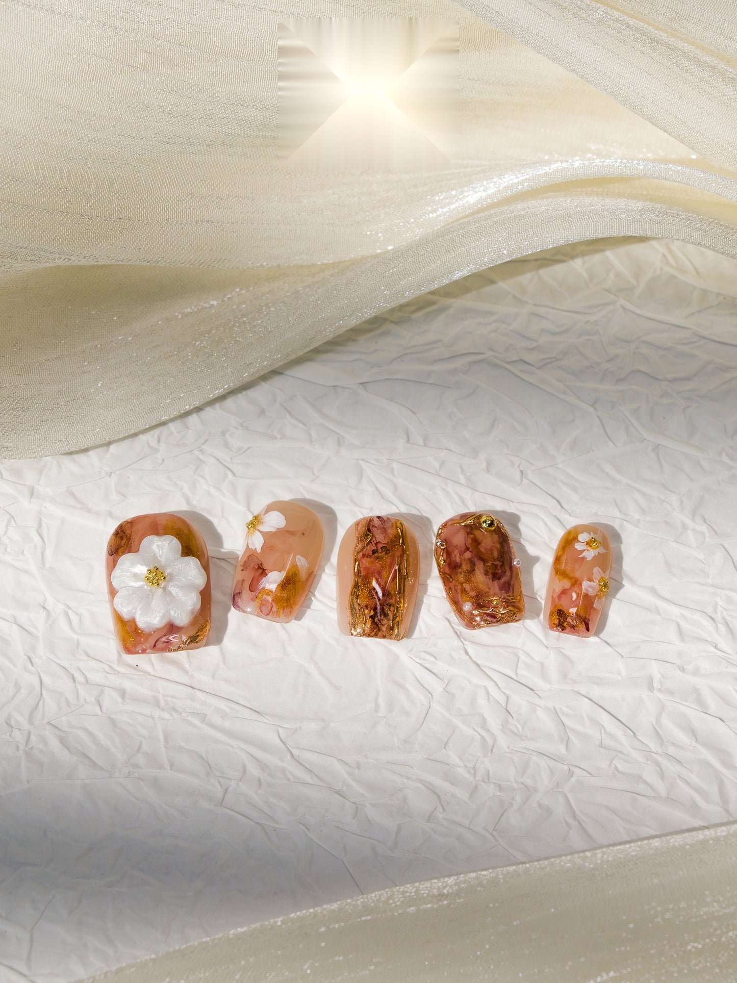 Caramel Camellia — Hand-Painted Press-On Nails